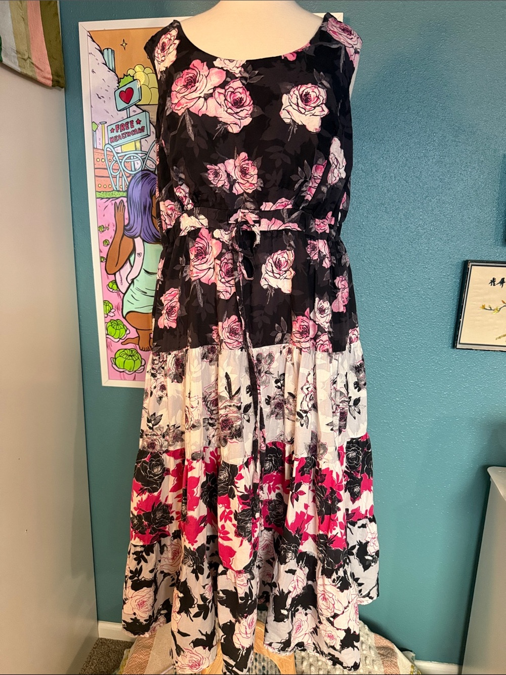 Woman Within Black, Pink & White Floral Tiered Maxi Dress